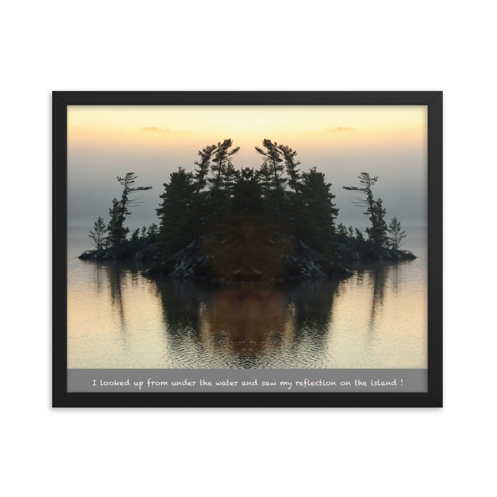 'I looked up from under the water and saw my reflection on the island.' framed poster of an original photomontage by Jon Butler