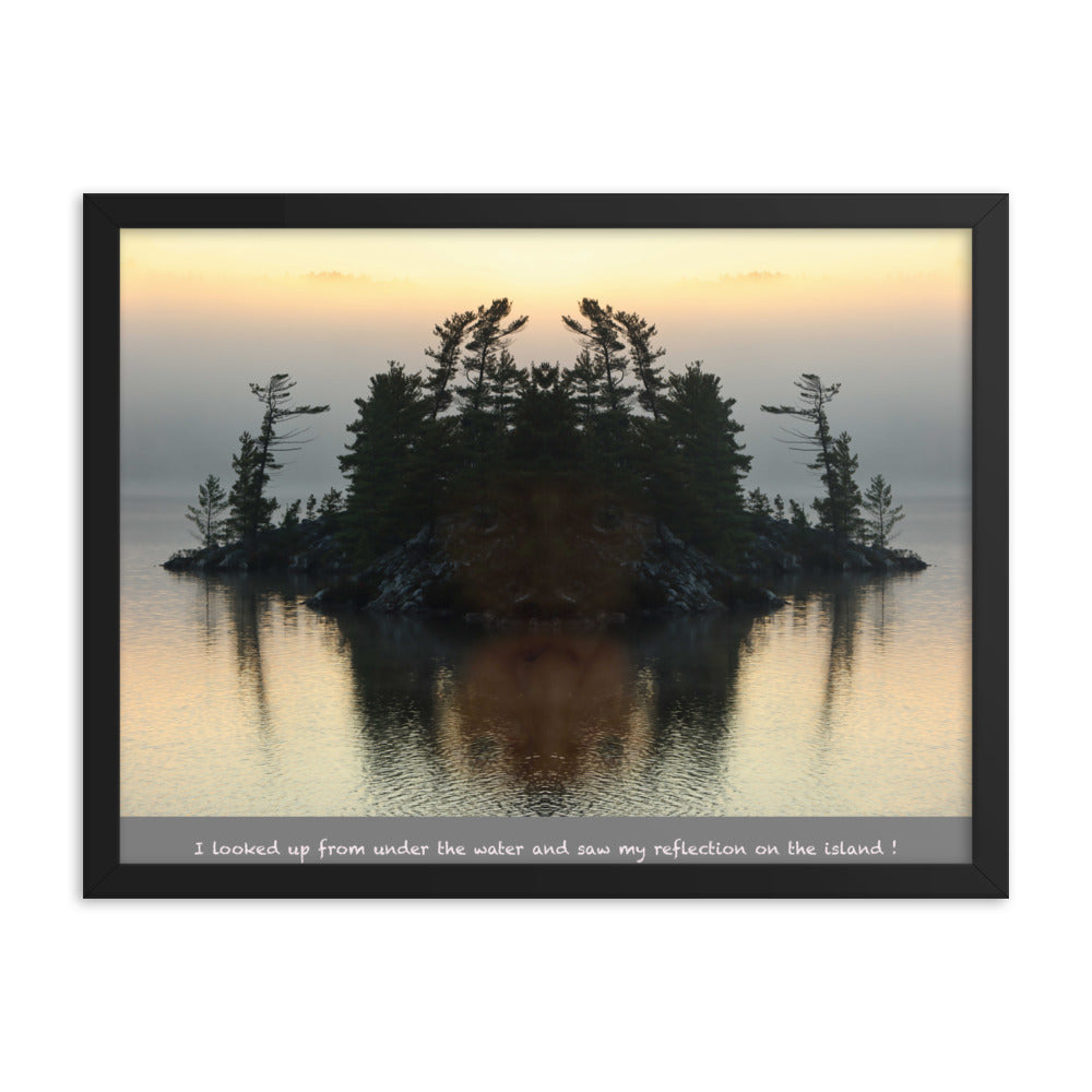 'I looked up from under the water and saw my reflection on the island.' framed poster of an original photomontage by Jon Butler
