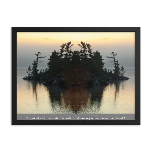 'I looked up from under the water and saw my reflection on the island.' framed poster of an original photomontage by Jon Butler
