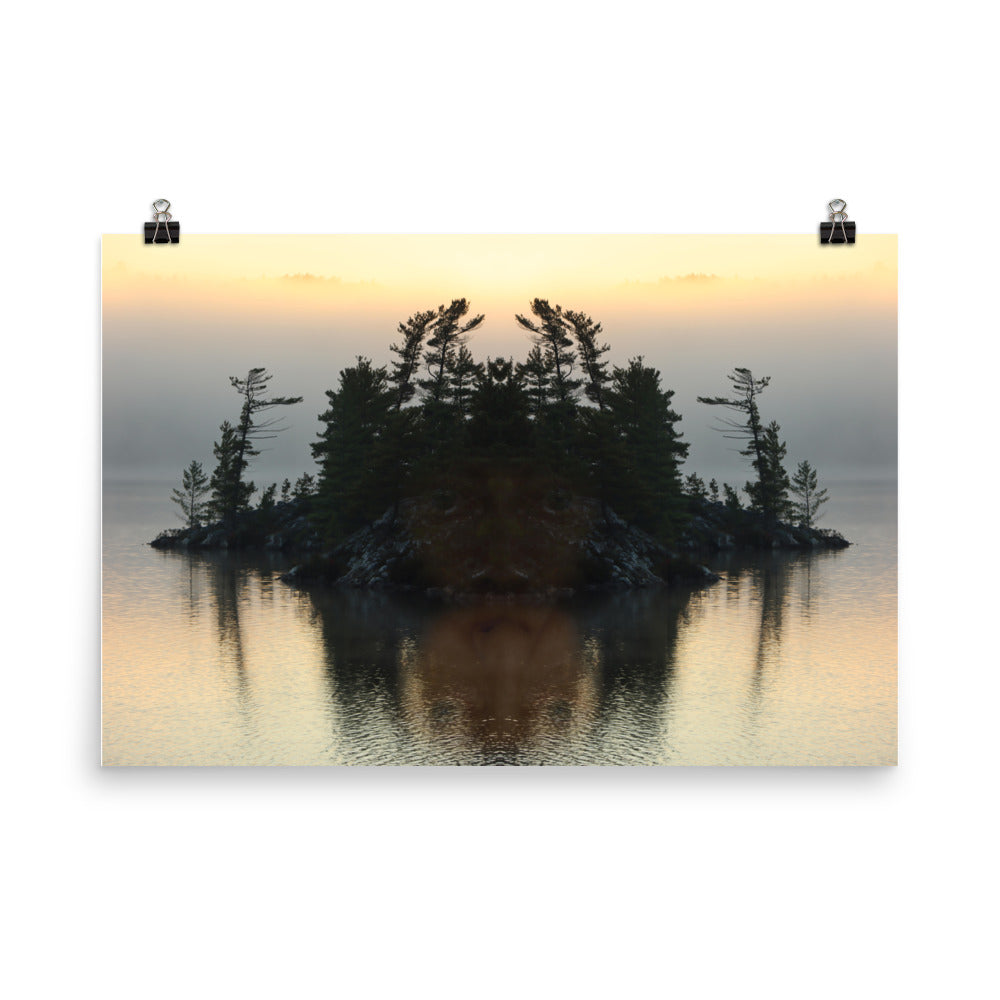 'I looked up from under the water and saw my reflection on the island.'  poster of an original photomontage by Jon Butler