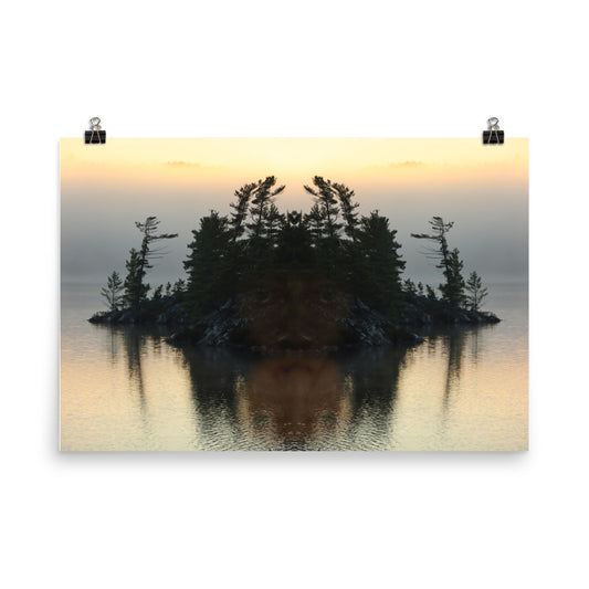 'I looked up from under the water and saw my reflection on the island.'  poster of an original photomontage by Jon Butler