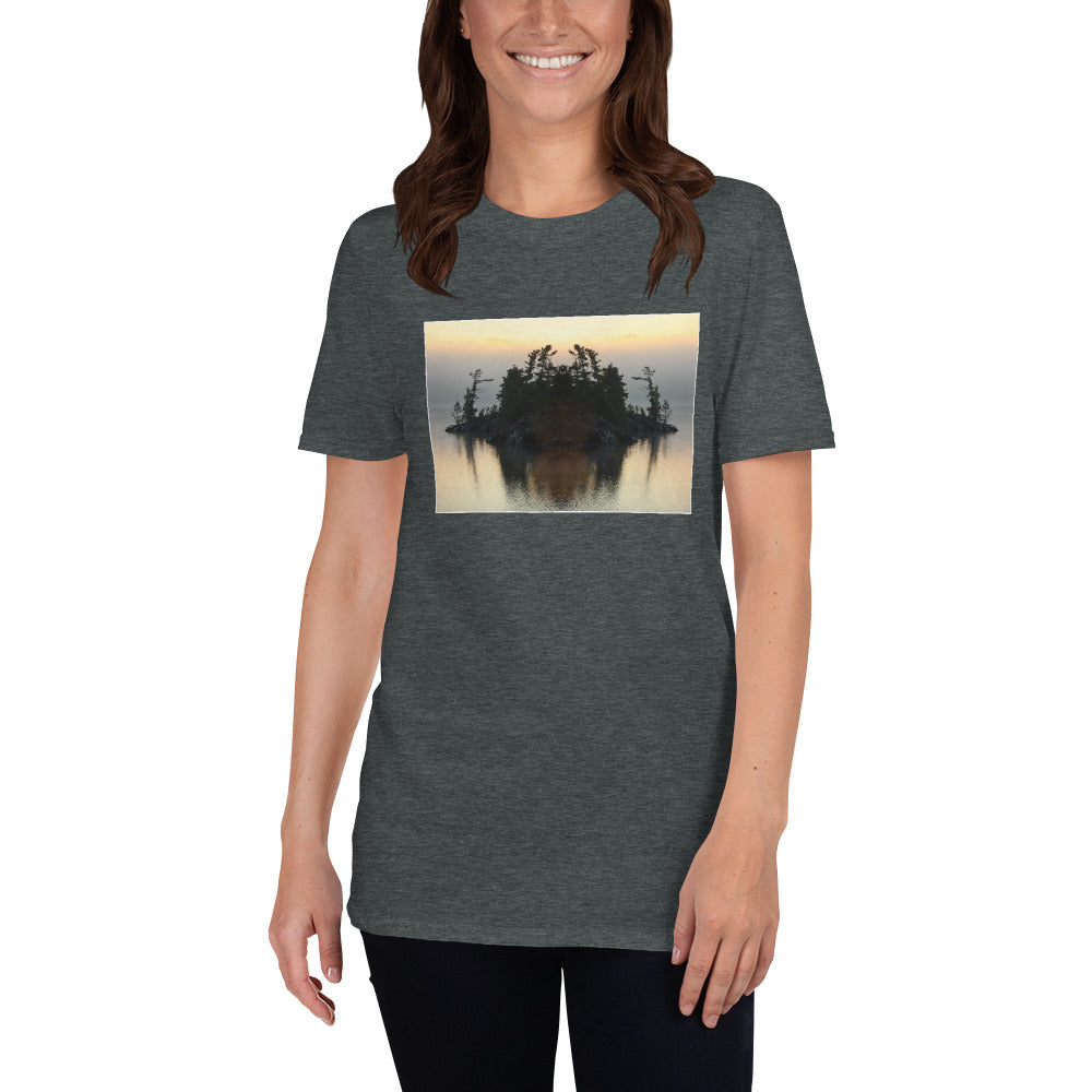 'I looked up from under the water and saw my reflection on the island.'  Short-Sleeve Unisex T-Shirt by Jon Butler