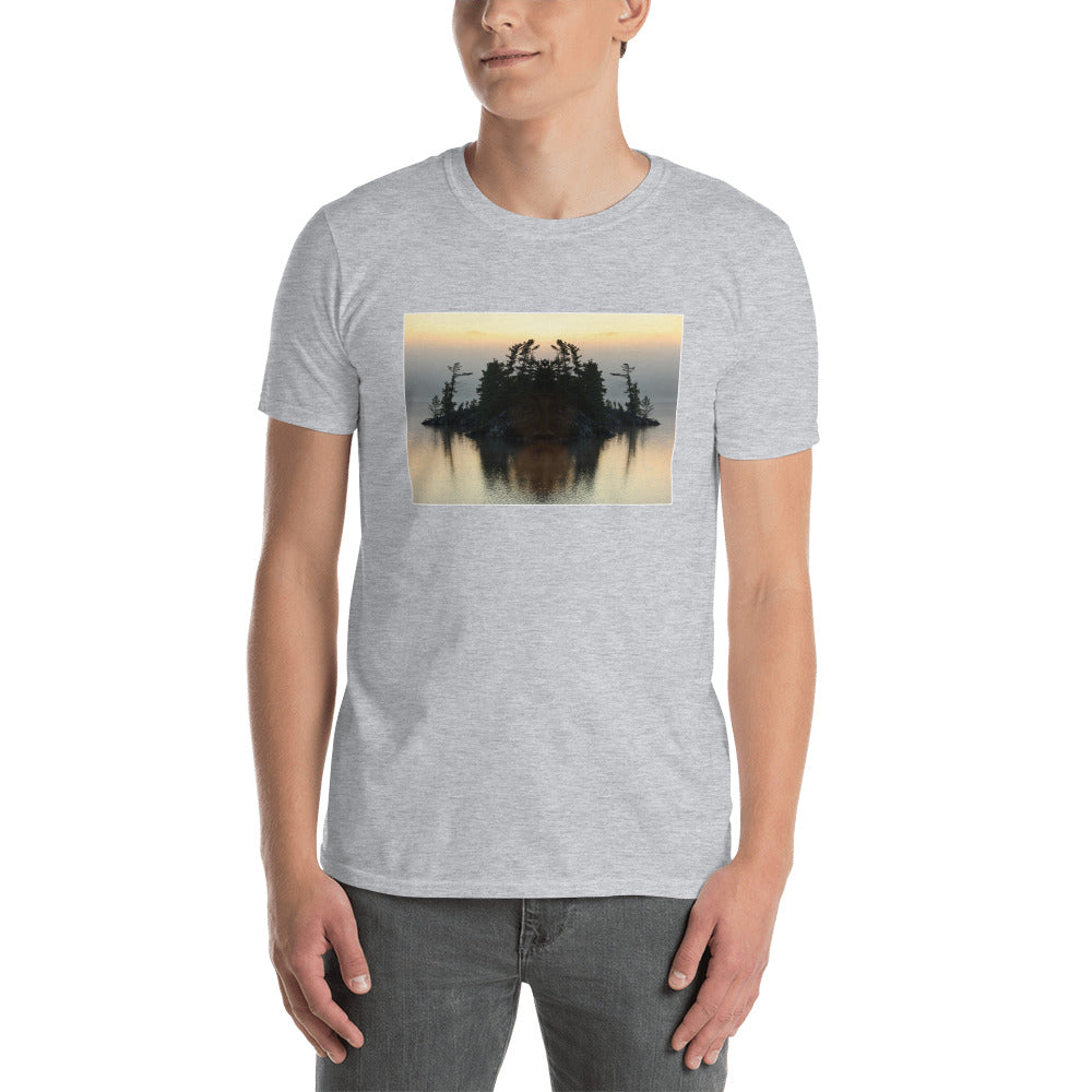 'I looked up from under the water and saw my reflection on the island.'  Short-Sleeve Unisex T-Shirt by Jon Butler