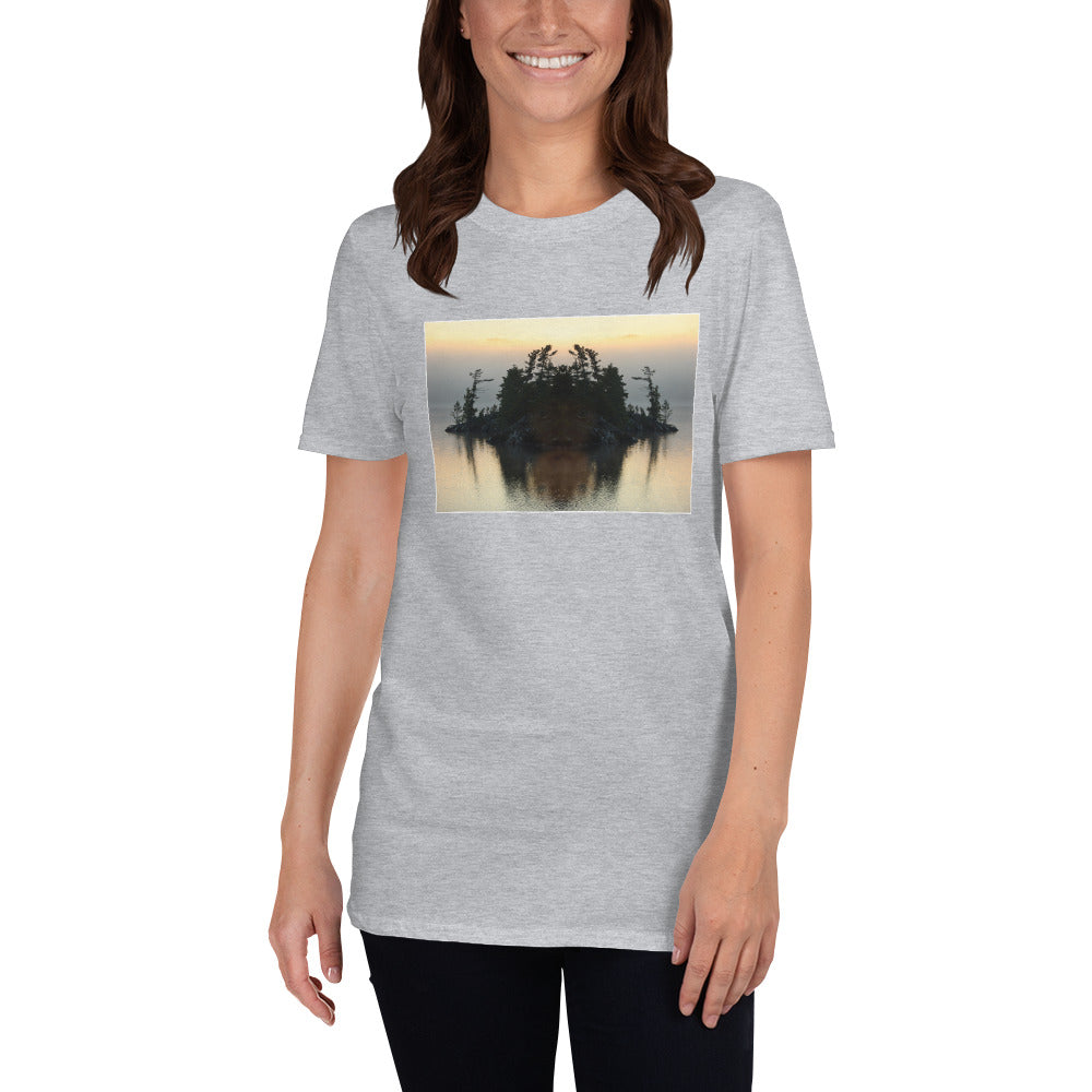 'I looked up from under the water and saw my reflection on the island.'  Short-Sleeve Unisex T-Shirt by Jon Butler