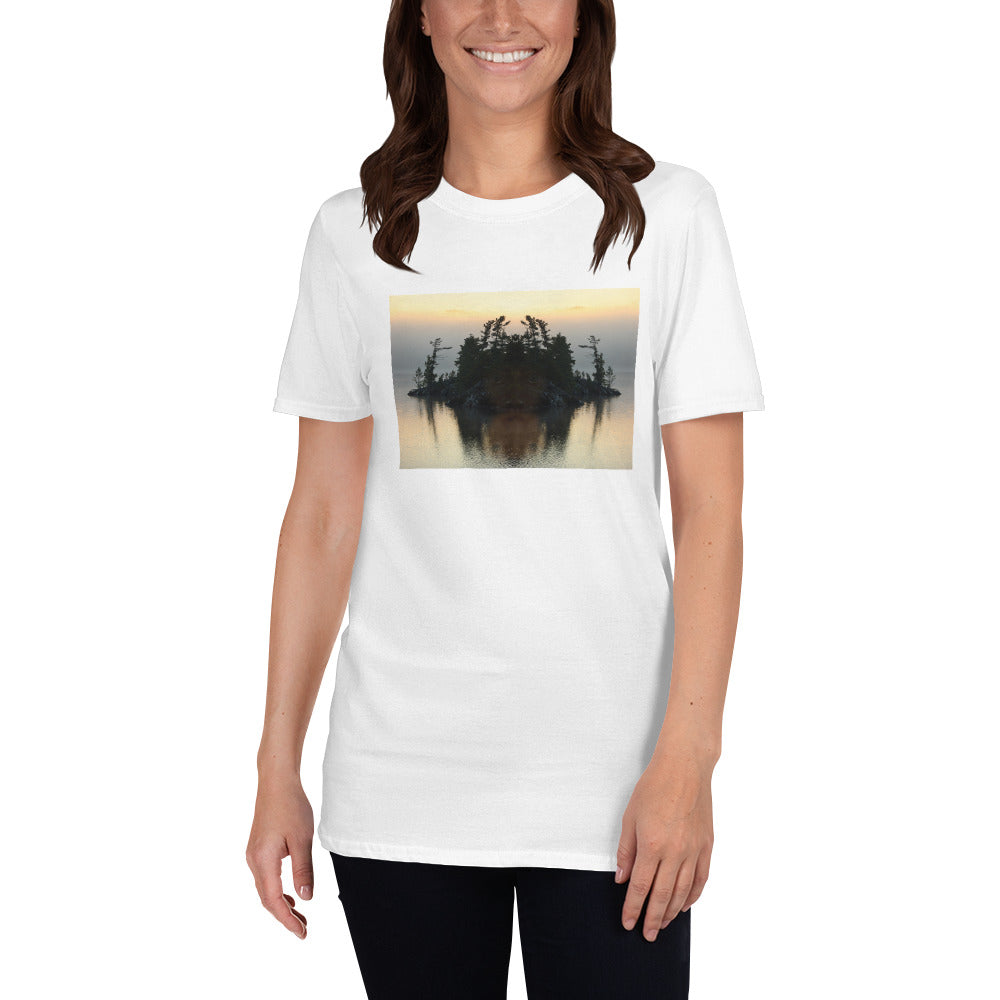 'I looked up from under the water and saw my reflection on the island.'  Short-Sleeve Unisex T-Shirt by Jon Butler
